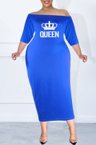 Blauw, sexy, casual print, patchwork, off-shoulder, één stap rok, grote maten jurken