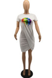 ホワイトファッションカジュアルリッププリントパッチワークOネック半袖ドレスドレス