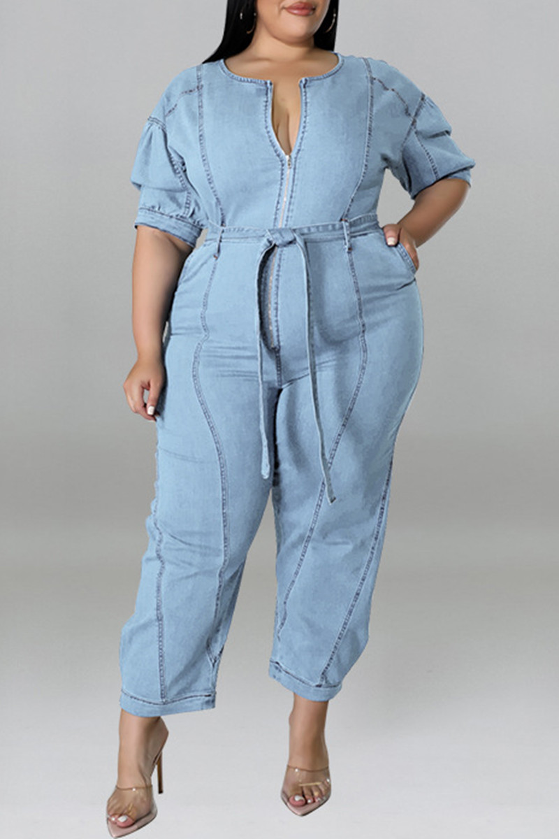 

Baby Blue Fashion Casual Solid Split Joint Zipper Collar Plus Size Jumpsuits