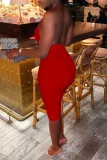 Rose Red Sexy Solid Patchwork Backless Halter One Step Skirt Dresses