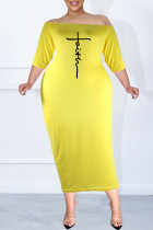 Geel sexy casual letterprint patchwork off-shoulder one-step rok plus size jurken