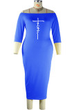 Синяя сексуальная повседневная лоскутная юбка с буквенным принтом и открытыми плечами, одношаговая юбка, платья больших размеров
