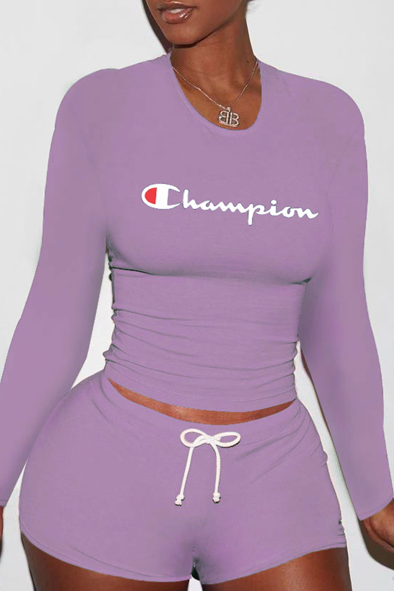 

Purple Fashion Street Print Letter O Neck Long Sleeve Two Pieces