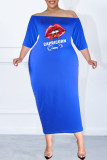 Geel sexy casual lippen bedrukt patchwork off-shoulder one-step rok plus size jurken