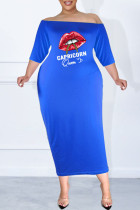 Azul Sexy Casual Labios Impreso Patchwork Fuera del hombro Falda de un paso Vestidos de talla grande
