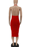 Rose Red Sexy Solid Patchwork Backless Halter One Step Skirt Dresses