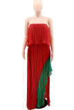 Красно-зеленое повседневное однотонное лоскутное асимметричное длинное платье с открытыми плечами Платья