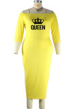 黄色のセクシーなカジュアル プリント パッチワーク オフショルダー ワン ステップ スカート プラス サイズ ドレス