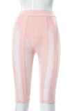 Розовые сексуальные однотонные лоскутные прозрачные брюки-карандаш с высокой талией в стиле пэчворк