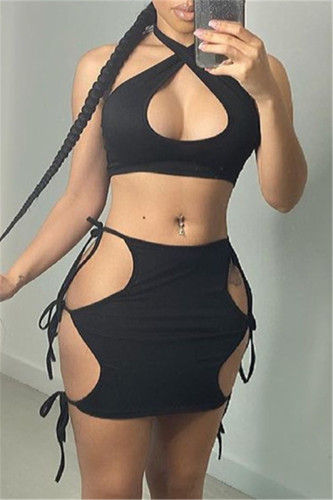 Black Fashion Sexy Solid Bandage Hollowed Out Halter Sleeveless Two Pieces