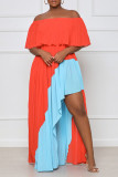 Сине-оранжевое повседневное однотонное лоскутное асимметричное длинное платье с открытыми плечами Платья