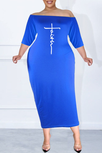 Blue Sexy Casual Letter Print Patchwork Off the Shoulder One Step Skirt Plus Size Dresses