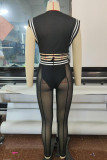 Black Sexy Street Solid Bandage Patchwork See-through Sleeveless Two Pieces