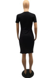 ブラック ファッション カジュアル リップ プリント パッチワーク O ネック半袖ドレス ドレス