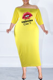 Yellow Sexy Casual Lips Printed Patchwork Off the Shoulder One Step Skirt Plus Size Dresses