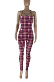 Red Sexy Plaid Print Patchwork Backless Halter Regular Jumpsuits