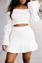 White Fashion Casual Solid Backless Off the Shoulder Long Sleeve Two Pieces