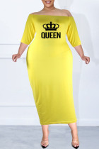 Yellow Sexy Casual Print Patchwork Off the Shoulder One Step Skirt Plus Size Dresses