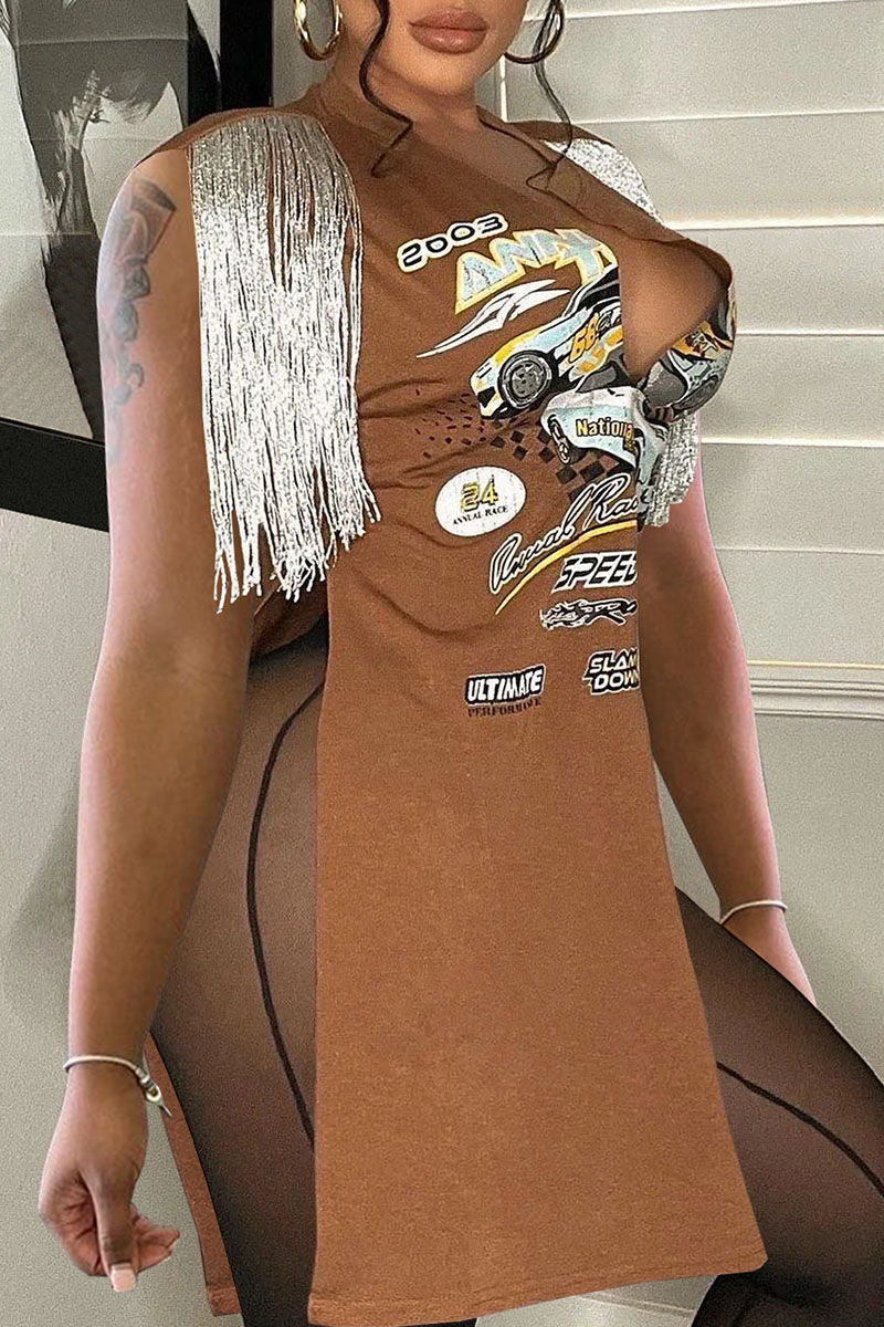 

Brown Sexy Print Tassel Split Joint Slit V Neck Straight Dresses