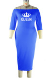 Синяя сексуальная повседневная лоскутная юбка с принтом и открытыми плечами, одношаговая юбка, платья больших размеров
