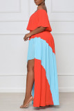 Blauw Oranje Casual effen patchwork Asymmetrische off-shoulder lange jurkjurken