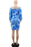 Blue Casual Print Patchwork Draw String Nine Points Sleeve Two Pieces