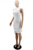 White Fashion Casual Solid Fold Half A Turtleneck Sleeveless Dress Dresses