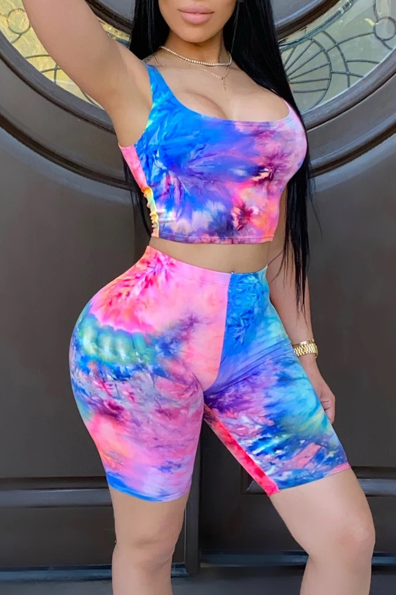 

Blue Sexy Print Split Joint Square Collar Sleeveless Two Pieces