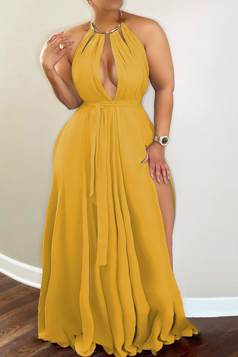 

Gold Sexy Solid Hollowed Out Split Joint Halter Straight Dresses