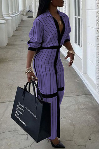 Purple Casual Striped Print Split Joint Buckle Turndown Collar Shirt Dress Dresses
