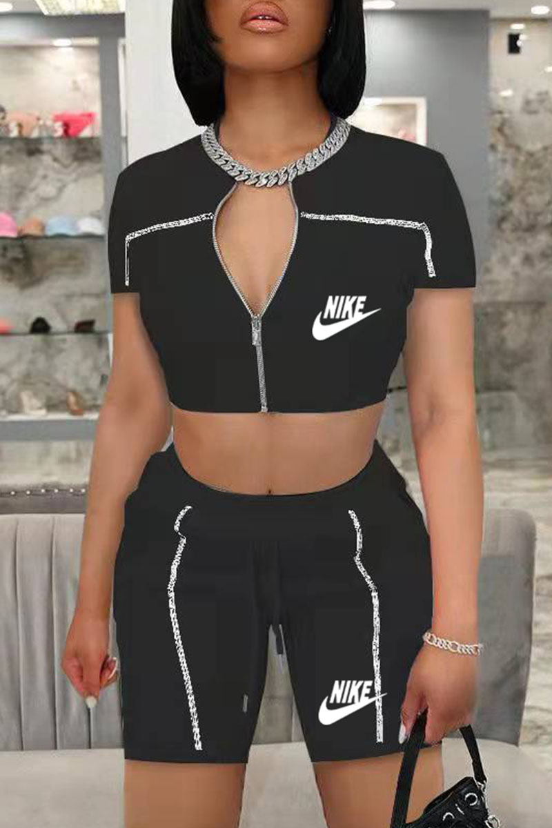 

Black Fashion Casual Print Split Joint O Neck Short Sleeve Two Pieces