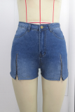 Short jeans skinny fashion azul escuro com zíper sólido cintura média