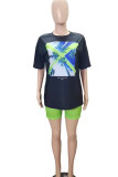 Blue Casual Street Print Patchwork O Neck Short Sleeve Two Pieces