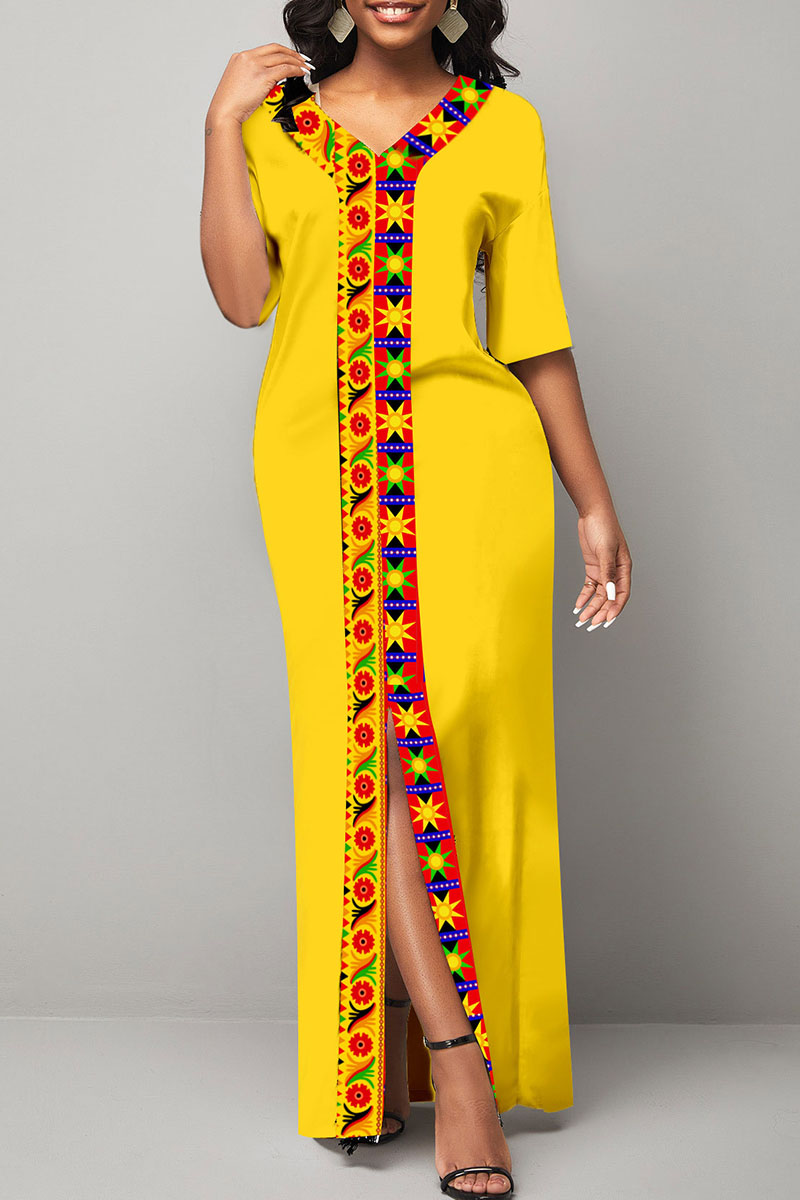 

Yellow Casual Print Split Joint Slit V Neck Straight Dresses