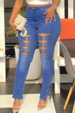 Tiefblaue, einfarbige, ausgehöhlte Patchwork-Jeans in Übergröße