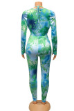 Green Sexy Print Bandage Patchwork V Neck Long Sleeve Two Pieces