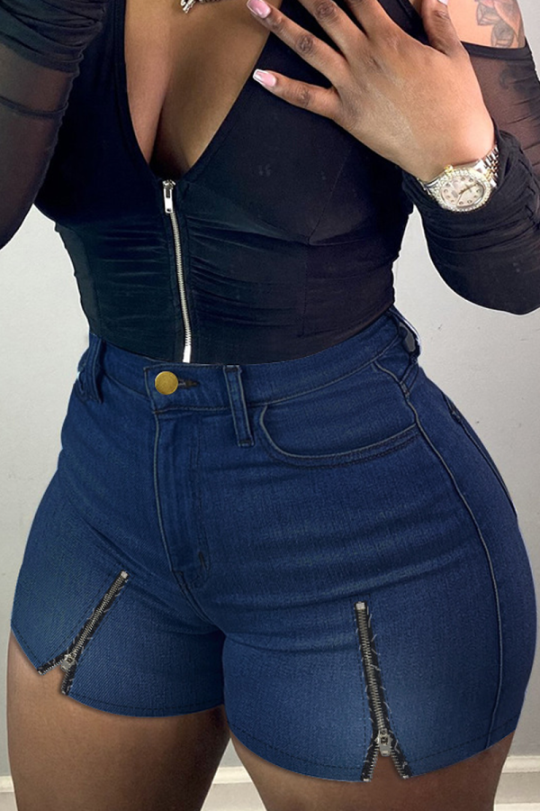 Tiefblaue Fashion Solid Zipper Mid Waist Skinny Denim Shorts