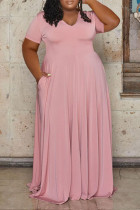 Roze casual effen patchwork V-hals rechte jurken met grote maten