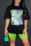 Vert Casual Street Print Patchwork O Neck Short Sleeve Two Pieces