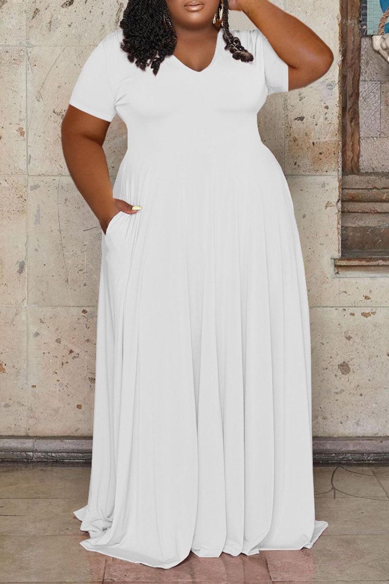 

White Casual Solid Patchwork V Neck Straight Plus Size Dresses