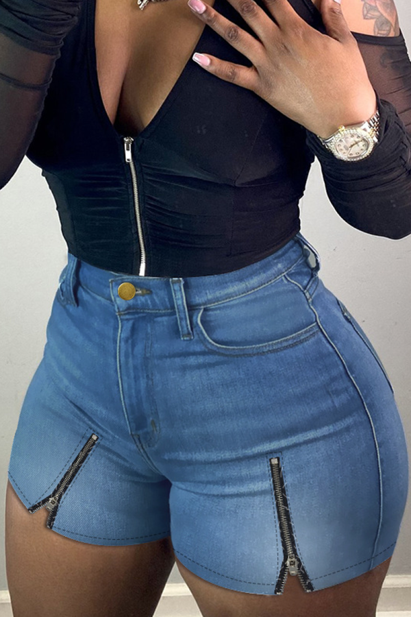 Medium Blue Fashion Solid Zipper Mid Waist Skinny Denim Shorts