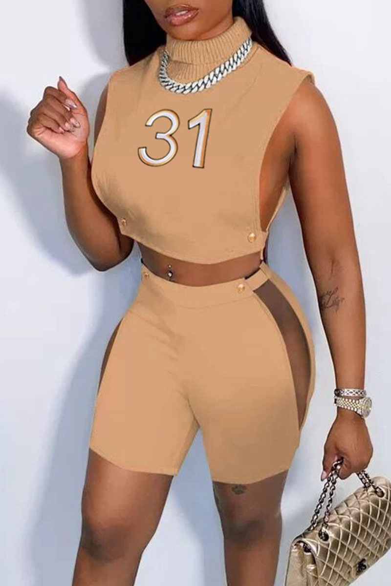 

Apricot Sexy Solid Embroidered Hollowed Out Split Joint Half A Turtleneck Sleeveless Two Pieces