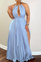 Light Blue Sexy Solid Hollowed Out Patchwork Halter Straight Dresses