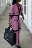 Розовое повседневное полосатое платье-рубашка с отложным воротником и пряжкой в ​​стиле пэчворк Платья Платья