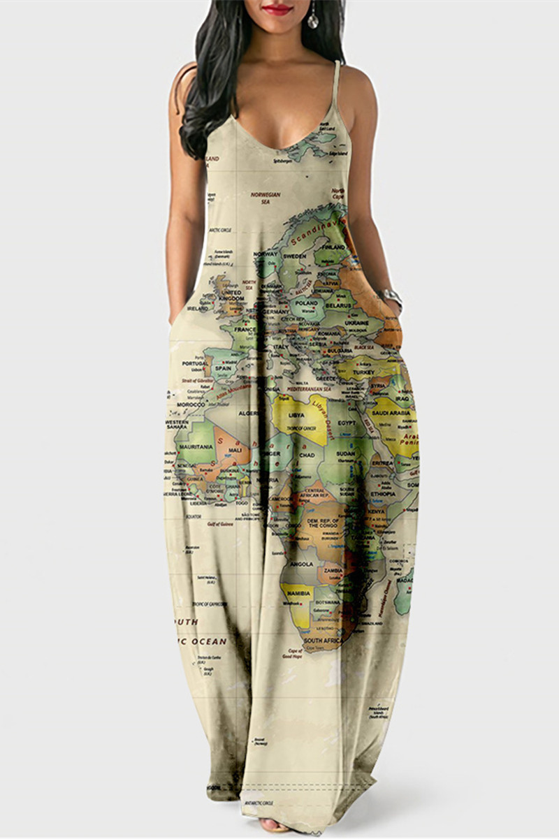 

Light Khaki Fashion Sexy Print Backless Spaghetti Strap Long Dress