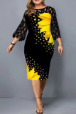Fuchsia mode casual print kant patchwork jurk met O-hals print plus maten jurken
