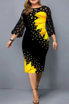 Yellow Fashion Casual Print Lace Patchwork O Neck Printed Dress Plus Size Dresses