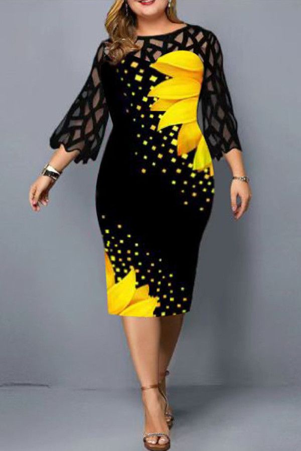 Gele mode casual print kant patchwork O-hals bedrukte jurk plus maten jurken