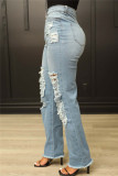 Light Color Fashion Casual Solid Ripped High Waist Straight Denim Jeans