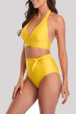 黄色のファッションセクシーな固体包帯背中の開いた水着（パディング付き）